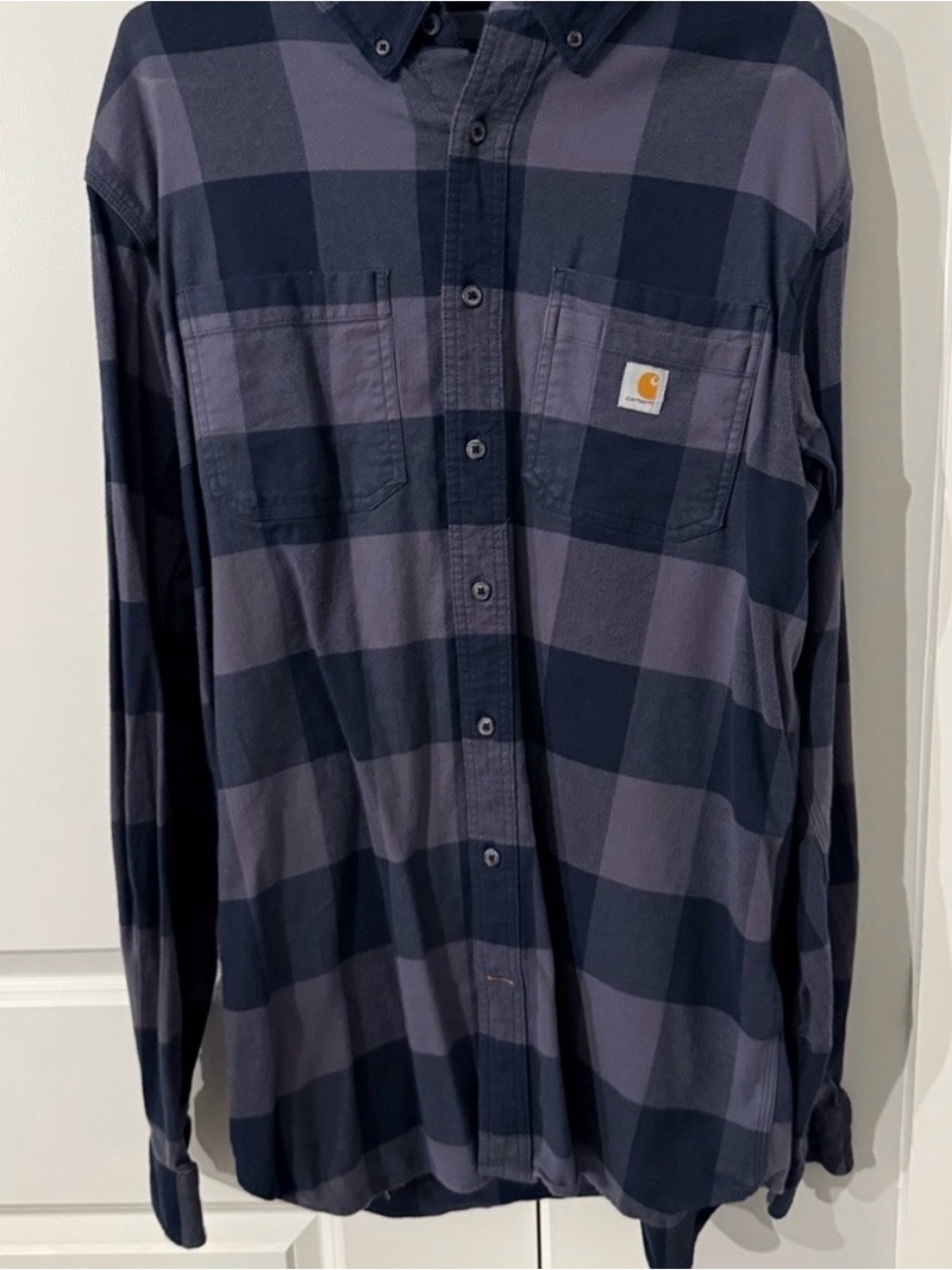 Carhartt Men’s Navy and Gray Plaid Button-Down Work Shirt